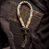 Tibetan Handwoven Antler Tip Bracelet – Yak Bone & Agate Mala with Vajra Beads for Spiritual Practice