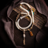 Tibetan Bodhi Root Mala Bracelet – 108 Beads with Yak Bone, Agate & Amber Accents | Handwoven Spiritual Jewelry