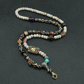 Tibetan Prayer Bead Necklace with Thangka Pendant – Bodhi, Agate & Glass Mala Cord for Spiritual Practice