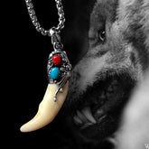 Tibetan Warrior Talisman Pendant – Sterling Silver Wolf Tooth Necklace with Red Agate & Celestite