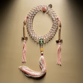 Tibetan Clear Quartz Mala Bracelet – 108 Beads with Brass Accents & Handwoven Tassel for Spiritual Healing & Esoteric Practice