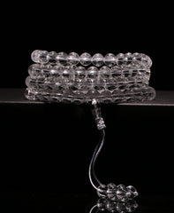 10A Clear Quartz 108-Bead Mala – Carved Vajrasattva Mantra in Sanskrit, Adjustable Knot Design