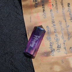 Sacred Tibetan Amethyst Crystal Point – Natural Six-Facet Wand with Om Mani Padme Hum Carving