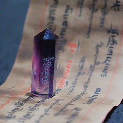 Sacred Tibetan Amethyst Crystal Point – Natural Six-Facet Wand with Om Mani Padme Hum Carving