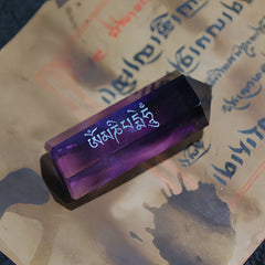 Sacred Tibetan Amethyst Crystal Point – Natural Six-Facet Wand with Om Mani Padme Hum Carving