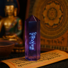 Sacred Tibetan Amethyst Crystal Point – Natural Six-Facet Wand with Om Mani Padme Hum Carving