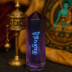 Sacred Tibetan Amethyst Crystal Point – Natural Six-Facet Wand with Om Mani Padme Hum Carving