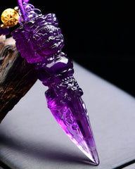 Tibetan Amethyst Vajra Phurba Pendant – Hand-Carved Triple-Faced Dorje Ritual Dagger for Energy Healing & Spiritual Protection