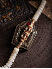 Tibetan Bodhi Root Mala Bracelet – 108 Beads with Yak Bone, Agate & Amber Accents | Handwoven Spiritual Jewelry