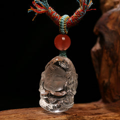 Clear Quartz Ganesha Pendant – Hand-Carved Hindu Elephant God Necklace with Handmade Cord & Red Agate Accent