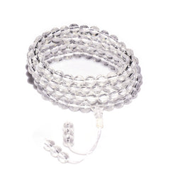10A Clear Quartz 108-Bead Mala – Carved Vajrasattva Mantra in Sanskrit, Adjustable Knot Design