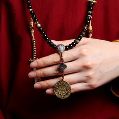 Tibetan Golden Obsidian Mala Bracelet – 108 Beads with Brass Nine-Palace Charm or Disciple Bead for Meditation & Energy Healing