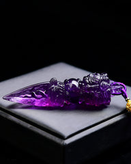 Tibetan Amethyst Vajra Phurba Pendant – Hand-Carved Triple-Faced Dorje Ritual Dagger for Energy Healing & Spiritual Protection