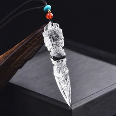 Tibetan Style Clear Quartz Vajra Dorje Pendant – Hand-Carved Phurba Amulet for Energy Healing & Esoteric Protection
