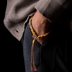 Tibetan Cremation Ground Guardian Bracelet – Yak Bone Mala with Vajra & Agate Beads