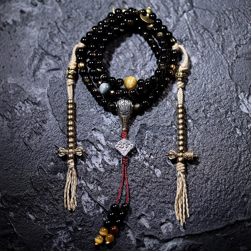 Tibetan Golden Obsidian Mala Bracelet – 108 Beads with Brass Nine-Palace Charm or Disciple Bead for Meditation & Energy Healing