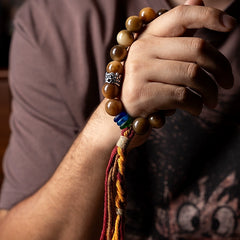 Tibetan Bodhi Root Prayer Beads Bracelet – 16 Natural White Seeds with Brass Beast Head & Glass Spacers | Handheld Spiritual Mala