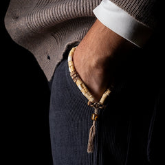 Tibetan Handwoven Antler Tip Bracelet – Yak Bone & Agate Mala with Vajra Beads for Spiritual Practice