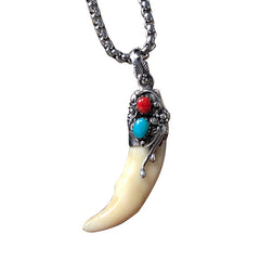 Tibetan Warrior Talisman Pendant – Sterling Silver Wolf Tooth Necklace with Red Agate & Celestite