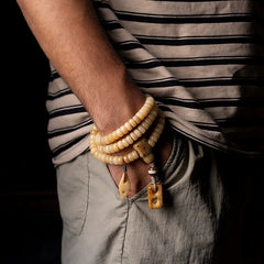Tibetan Camel Bone Mala Bracelet – 108 Beads Multi-Wrap Prayer Strand with Yak Bone & Antler Accents
