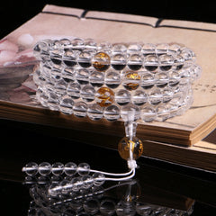 Himalayan Clear Quartz 108 Mala Beads Bracelet – 8mm Beads with Gold-Foiled Mantra Spacers & Stupa Guru Bead