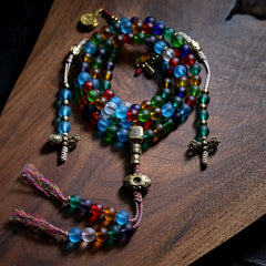 Tibetan Handmade Glass Mala Necklace – 108 Ancient Glaze Prayer Beads with Brass Accents for Meditation & Spiritual Healing