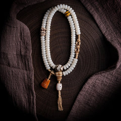 Tibetan Bodhi Root Mala Bracelet – 108 Beads with Yak Bone, Agate & Amber Accents | Handwoven Spiritual Jewelry