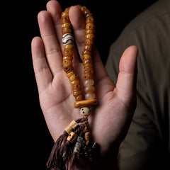 Tibetan Yak Bone Skull Bead Bracelet – Charnel Guardian, Tassel Design & Sacred Amulet Accents