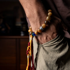 Tibetan Bodhi Root Prayer Beads Bracelet – 16 Natural White Seeds with Brass Beast Head & Glass Spacers | Handheld Spiritual Mala