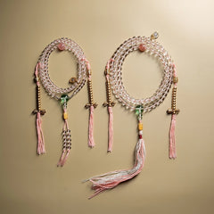 Tibetan Clear Quartz Mala Bracelet – 108 Beads with Brass Accents & Handwoven Tassel for Spiritual Healing & Esoteric Practice