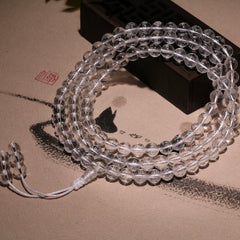 10A Clear Quartz 108-Bead Mala – Carved Vajrasattva Mantra in Sanskrit, Adjustable Knot Design