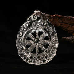 Hand-Carved Clear Quartz Dharma Wheel Pendant – Tibetan Eight Auspicious Symbol for Spiritual Protection & Meditation