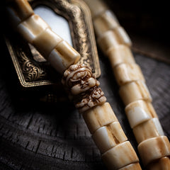 Tibetan Handwoven Antler Tip Bracelet – Yak Bone & Agate Mala with Vajra Beads for Spiritual Practice