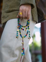 Tibetan Handmade Glass Mala Necklace – 108 Ancient Glaze Prayer Beads with Brass Accents for Meditation & Spiritual Healing