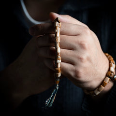 Tibetan Antler Tip Bracelet – Aged Deer Horn Beads with Carved Yak Bone Guru for Spiritual Practice