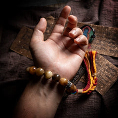 Tibetan Bodhi Root Prayer Beads Bracelet – 16 Natural White Seeds with Brass Beast Head & Glass Spacers | Handheld Spiritual Mala