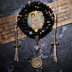 Tibetan Golden Obsidian Mala Bracelet – 108 Beads with Brass Nine-Palace Charm or Disciple Bead for Meditation & Energy Healing