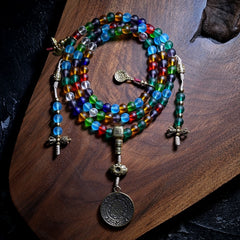 Tibetan Handmade Glass Mala Necklace – 108 Ancient Glaze Prayer Beads with Brass Accents for Meditation & Spiritual Healing