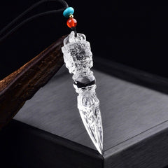Tibetan Style Clear Quartz Vajra Dorje Pendant – Hand-Carved Phurba Amulet for Energy Healing & Esoteric Protection