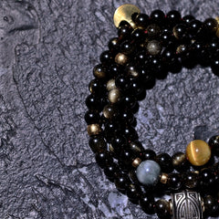 Tibetan Golden Obsidian Mala Bracelet – 108 Beads with Brass Nine-Palace Charm or Disciple Bead for Meditation & Energy Healing
