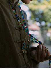 Tibetan Handmade Glass Mala Necklace – 108 Ancient Glaze Prayer Beads with Brass Accents for Meditation & Spiritual Healing