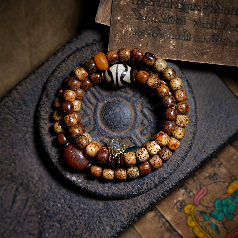 Tibetan Bodhi Seed Mala Bracelet – Multi-Wrap Prayer Beads with Chen Seed & Dzi Bead Accents for Spiritual Healing & Meditation