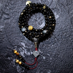 Tibetan Golden Obsidian Mala Bracelet – 108 Beads with Brass Nine-Palace Charm or Disciple Bead for Meditation & Energy Healing