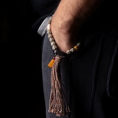 Tibetan Bodhi Seed Bracelet – Raw Xingyue Beads with Agate, Ebony & Amber Accents, Tassel Design