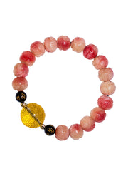 Tibetan Camel Bone Lotus Mala Bracelet – Natural Blood Bone with Citrine, Obsidian & Six-Syllable Mantra Beads