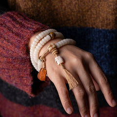 Tibetan Bodhi Root Mala Bracelet – 108 Beads with Yak Bone, Agate & Amber Accents | Handwoven Spiritual Jewelry