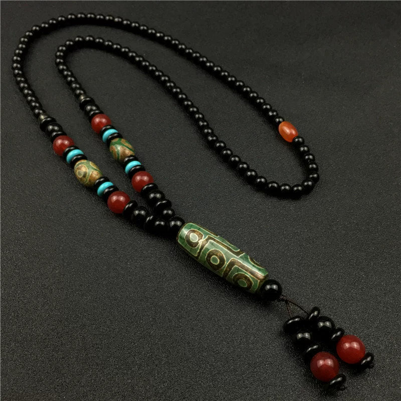 Authentic Tibetan 9-Eyed Dzi Bead Pendant – Agate Necklace for Spiritual Protection & Energy Blessing