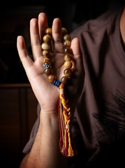 Tibetan Bodhi Root Prayer Beads Bracelet – 16 Natural White Seeds with Brass Beast Head & Glass Spacers | Handheld Spiritual Mala