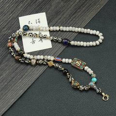 Tibetan Prayer Bead Necklace with Thangka Pendant – Bodhi, Agate & Glass Mala Cord for Spiritual Practice