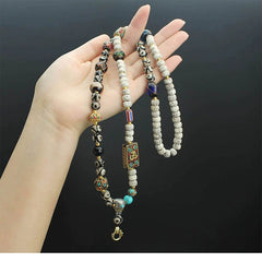 Tibetan Prayer Bead Necklace with Thangka Pendant – Bodhi, Agate & Glass Mala Cord for Spiritual Practice